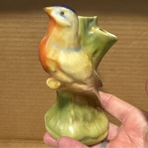Vtg 40s Czech Bird 2 Bud Frog Vase Blue Red Czechoslovakia Red Dime Pottery